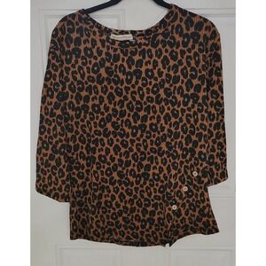 Above and Beyond women's size 1X top brown/black animal print LS scoop neck NWT